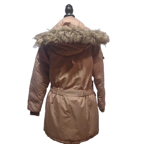 Snozu Down Feather Hooded Puffer Jacket Ski Coat Faux Fur Womens Sz S Tan Brown - Picture 5 of 16